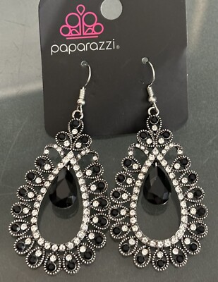 Paparazzi Jewelry Large Teardrop Black Earrings Rhinestones NEW
