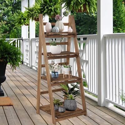 4 Tier Wood Plant Stand Ladder Shelf Storage Foldable Rack Bookshelf Holder