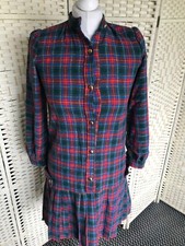 UK 8 Vintage Wool Red Green Blue Tartan Drop Waist Pleat edMini Dress 60s 70s