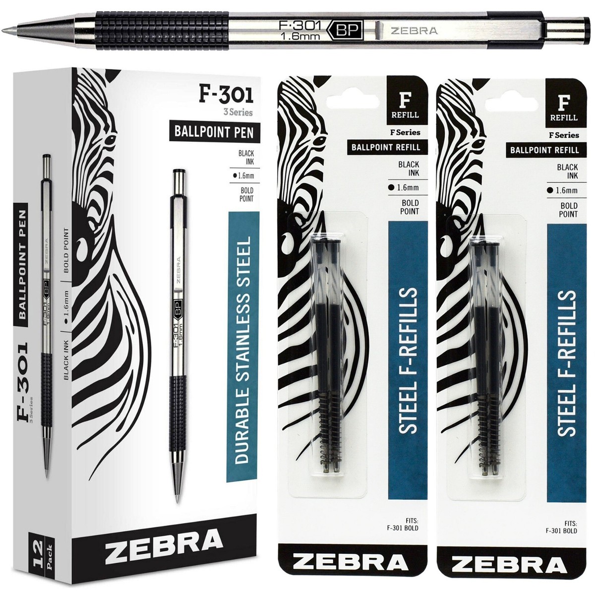 Zebra F-301 Kugelschreiber – Edelstahl, Einziehbar, 1,6 Mm Breite, Schwarze Tinte, 12 Stück (2 Packungen)