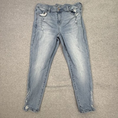AEO American Eagle Blue Jeans Size 14Short 34x24 Distressed Stretchy Crop Denim