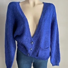 Vintage 80s Mohair Cardigan Blue Size M Slouchy Deep V Cottagecore Sweater