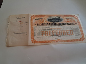 Railroad Company St. Louis Alton And Terre Haute Shares Certificate Stock Trains