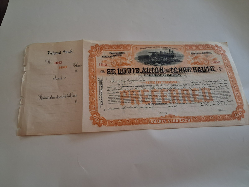 Railroad Company St. Louis Alton And Terre Haute Shares Certificate Stock Trains