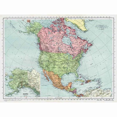NORDAMERIKA Politische Karte inkl. Alaska Einlage - Vintage Karte 1945