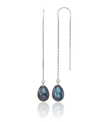 14K massives Weißgold 7 mm Süßwasser schwarze Perlen Einfädler Ohrringe Krappen Set,