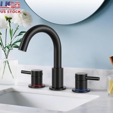 Matte Black Bathroom Faucet 3 Hole Installation Metal Double Handle Water Saver