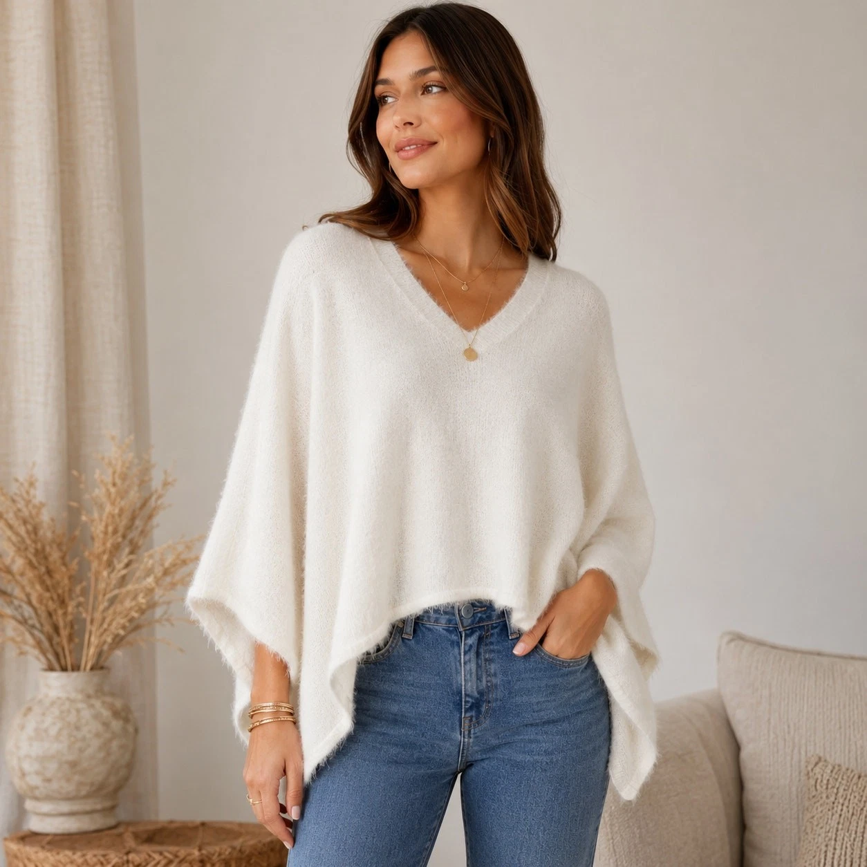 Pilcro One Size V Neck White Poncho Sweater Soft Fuzzy Eyelash