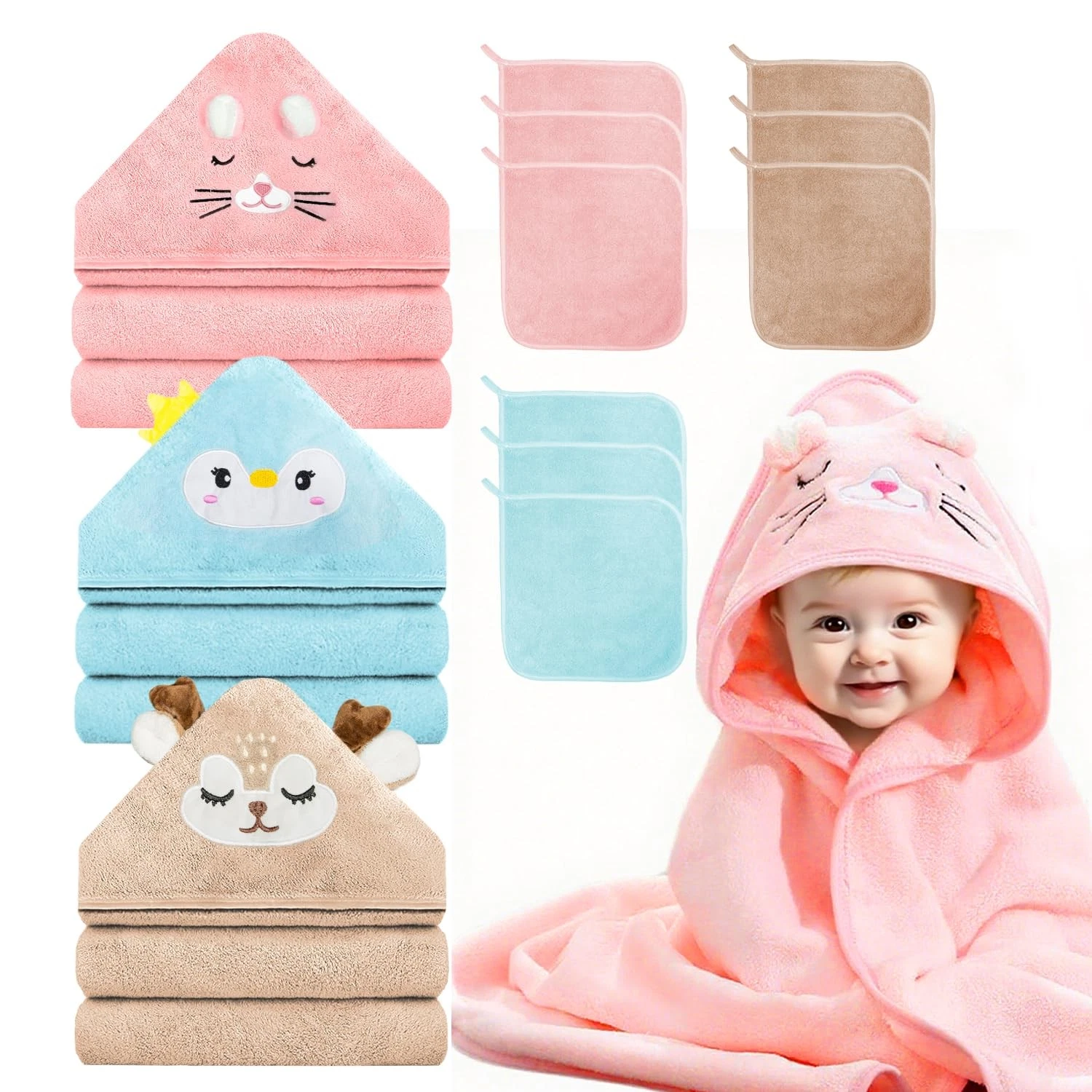 12 PCS Hooded Baby Towel Set, 32x32 Inch Absorbent Baby Bath Towels, 3 PCS So...