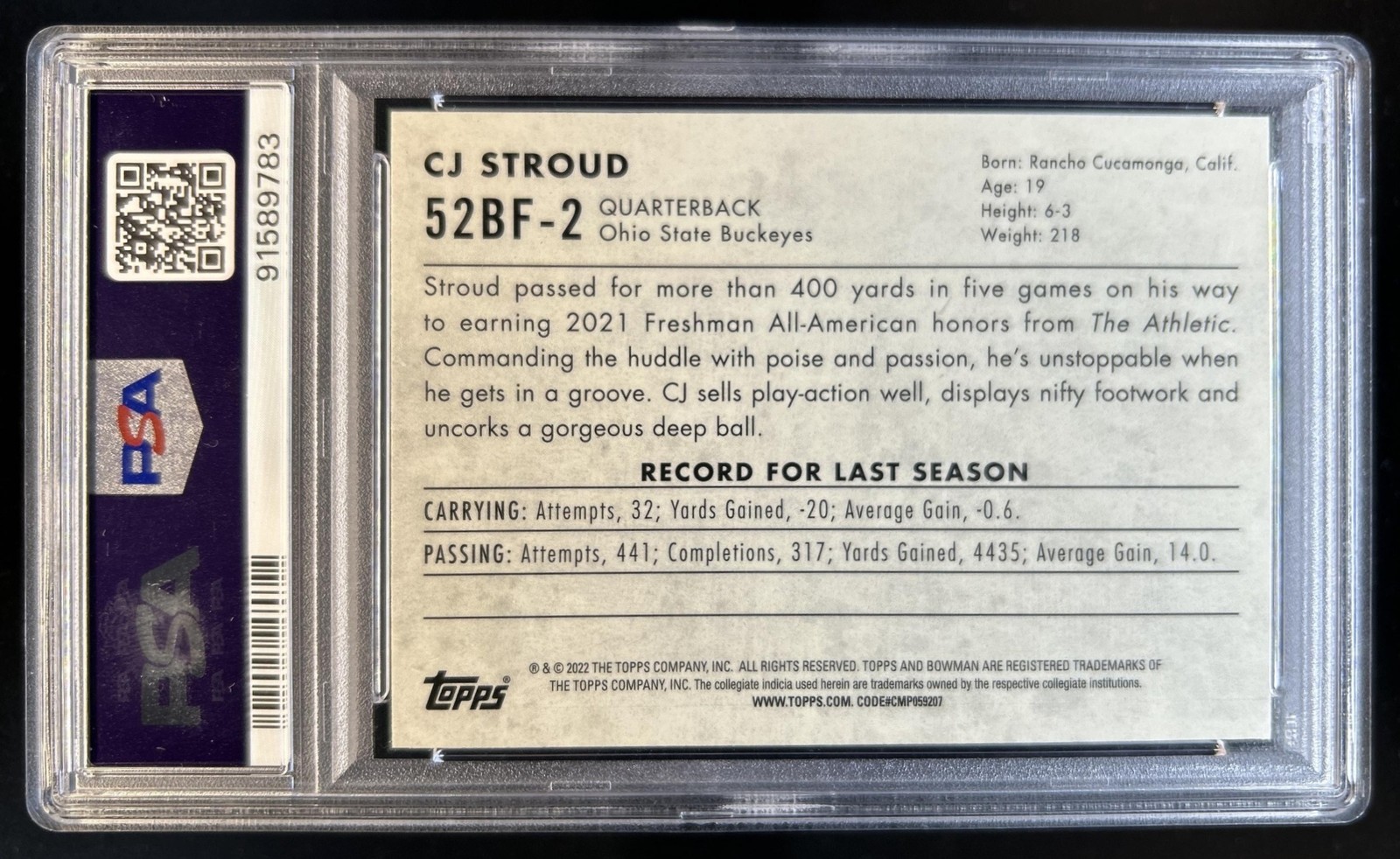 2022 Bowman University Chrome CJ Stroud 1952 Refractor #52BF-2 Buckeyes PSA 9 view 2
