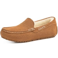 Women's Genuine Suede Moccasin Slippers Fluffy Cozy House Shoes 6-6.5 Chestnut