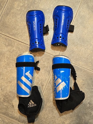Set Of 2 Youth Large Blue Adidias And Sport Soccer Shin Guards