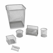 Set Scrivania 6 Accessori In Rete Metallica Argento 1426 Lebez