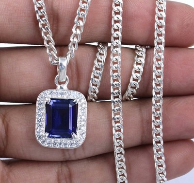 Blue Sapphire 10.76 Ct/10 mm Natural Emerald Cut Gems Certified Men's Pendant