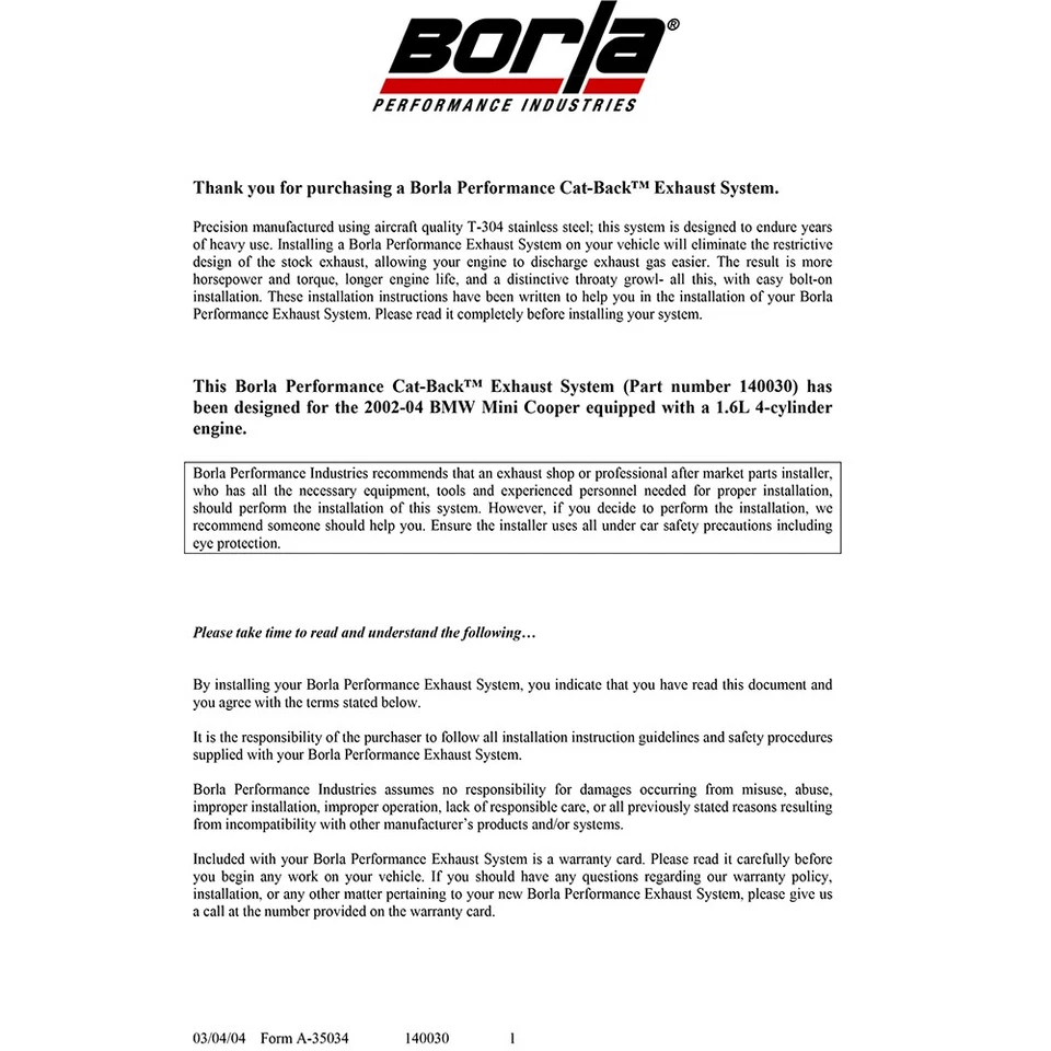 Kit de escape trasero de acero inoxidable Borla 140030 Touring Cat para Mini Cooper 2002-07 1,6 L Foto 3 de 4