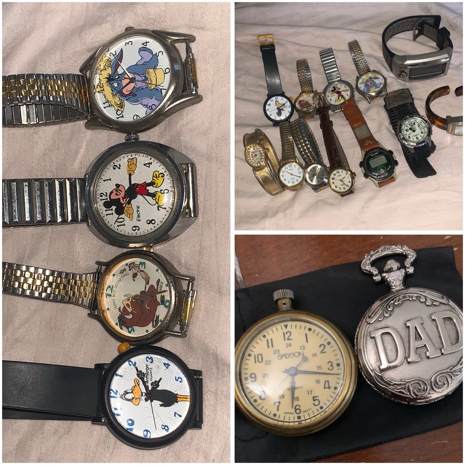 Vintage Watch Collection 14-Piece Lot Featuring Mickey Mouse Eeyore Daffy Duck Timex Sasson Polini