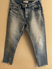 Moussy Vintage Merry Tapered Mid Rise Distressed Jeans 28 Light Blue Crop