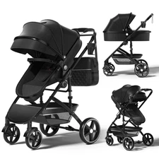Foldable 2-in-1 Baby Stroller with Reversible Bassinet & Storage Bag