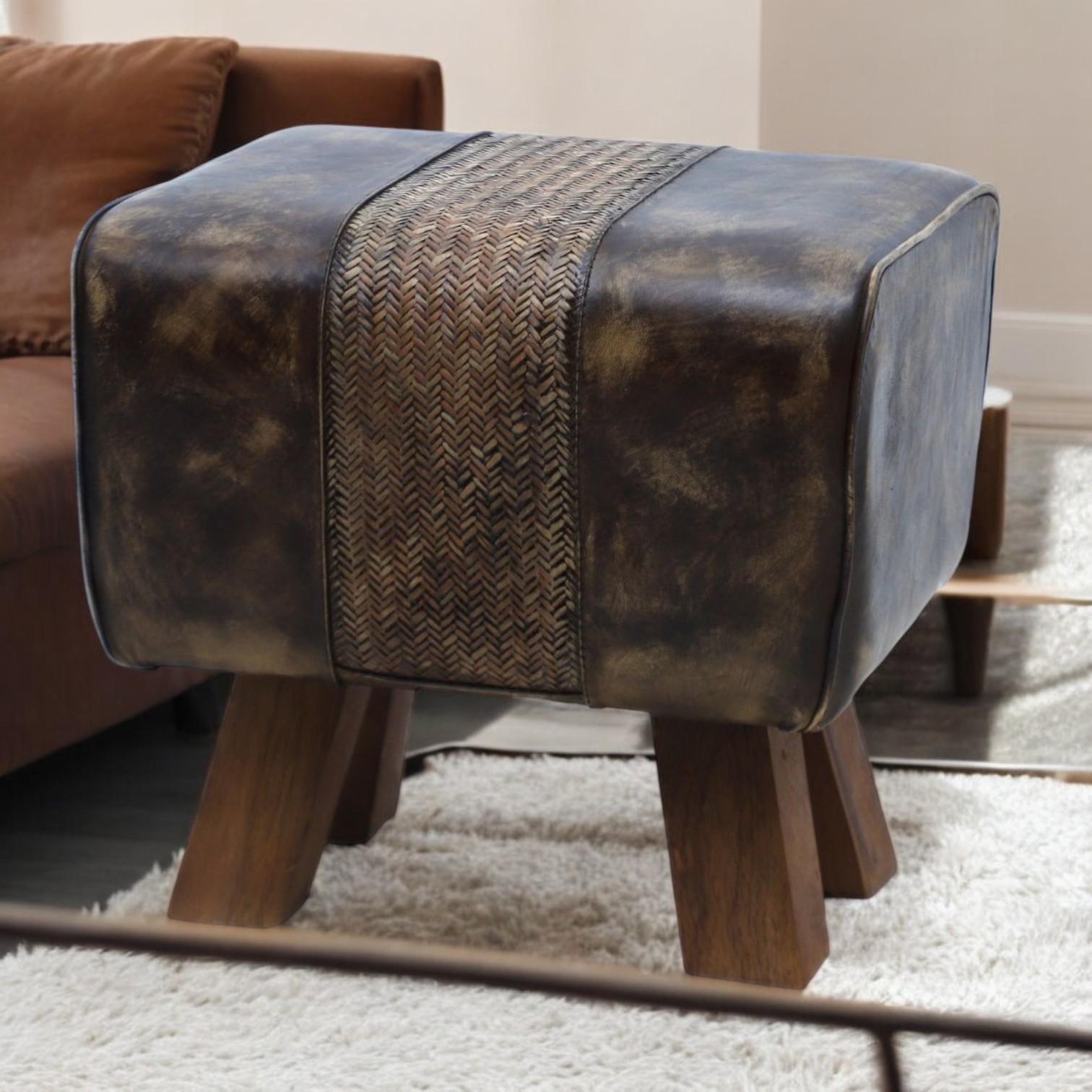 Vintage Brown Tan Leather Stool / Footstool Wood Legs Pommel Horse Style Retro