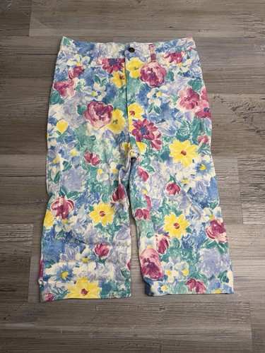 Vintage Girls Floral Denim Jeans Size 12 All Over Print Capri Pants Colorful USA