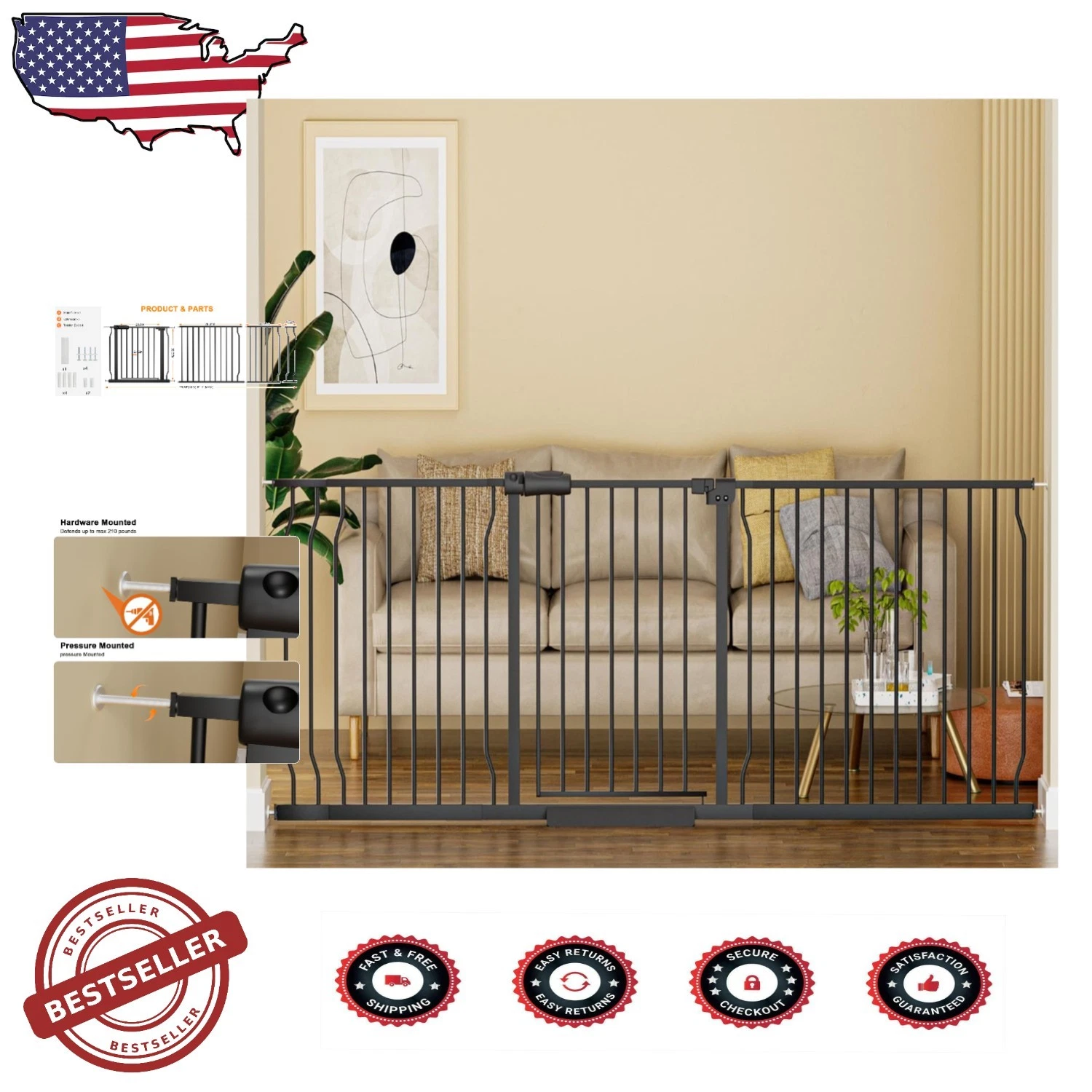 Durable Metal Baby Gate Extra Wide 30" Tall Auto-Close Pressure Mount 76-81"