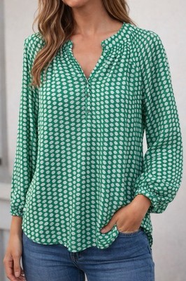 Chaus New York Blouse Women Size Large Green/White V Neck Long Sleeve Flowy Top
