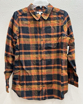 Goodthreads Mens Flannel Shirt Medium Plaid Soft Pocket New Orange Navy