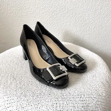 Nine West Women's 7.5 Farren Patent Buckle Toe Pumps 2" Block Heel Black