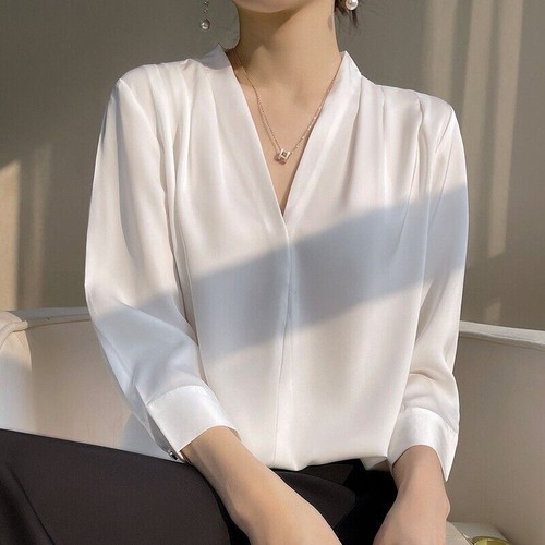 HOT Mulberry Silk Long-sleeved Shirt Women's Morning Satin Chiffon V-neck Top - Picture 25 of 27