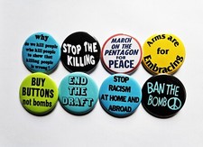 Vintage Reproduction Protest Pinback Buttons Magnets Bottle Openers. Set 10