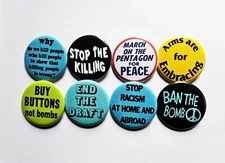 Vintage Reproduction Protest Pinback Buttons Magnets & Bottle Openers. Set 10