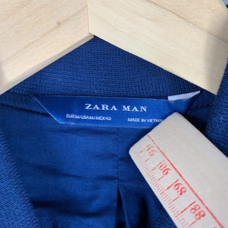 Zara Man Jacket Medium Linen Blue Full Zip Blue Unstructured Bomber Lightweight - Image 4 of 4