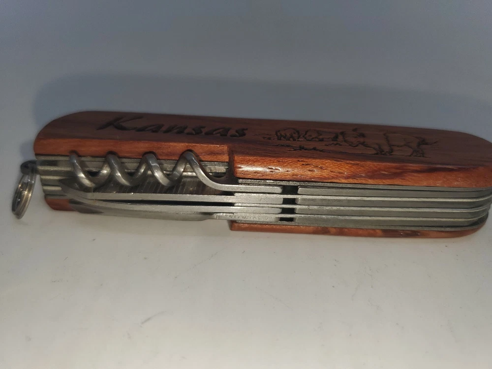 Multi-tool Pocket Knife Victor Kansas Buffalo Engraved  On Wood  Handle