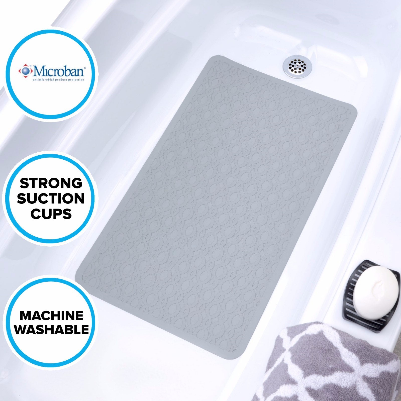 Large Gray Rubber Bath Safety Mat InTub Mildew Resistant Suction Cup