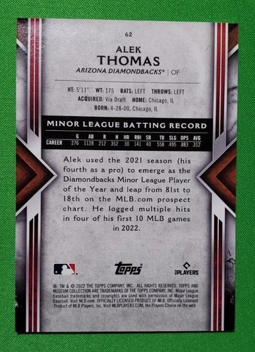 Novato de radiocontrol de la colección del museo Topps 2022 Alek Thomas #62 - Imagen 2 de 2
