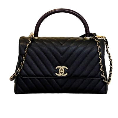 Neu! Wunderschöne Chanel Tasche Coco Handle Chevron Leder Schultergurt schwarz
