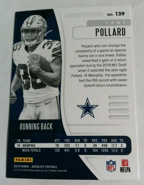 Tony Pollard Absolute Football Rookie 2019 139 RC Dallas Cowboys RB 