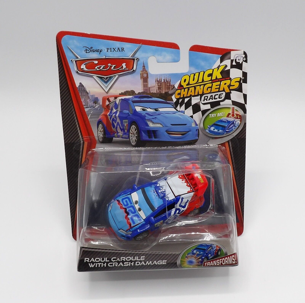 DISNEY PIXAR CARS QUICK CHANGERS RACE RAOUL CAROULE WITH CRASH DAMAGE DIE CAST