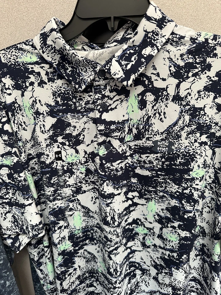 3-2024 NWT -Under Armour Mens 3.0 Printed Polo -XL Golf Shirts-Navy+blue - Image 2 of 3