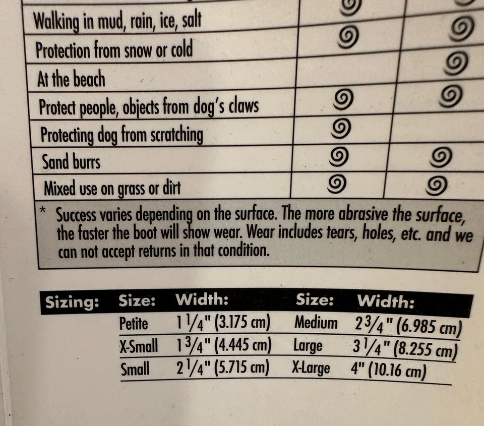 ULTRA PAWS PAWTECTORS 狗靴 XL 码狗尺寸表标签 — 第 3/4 张图片
