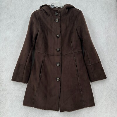 VTG Esprit Faux Fur Coat Womens SMALL Faux Suede Hooded Brown Chore Barn Jacket