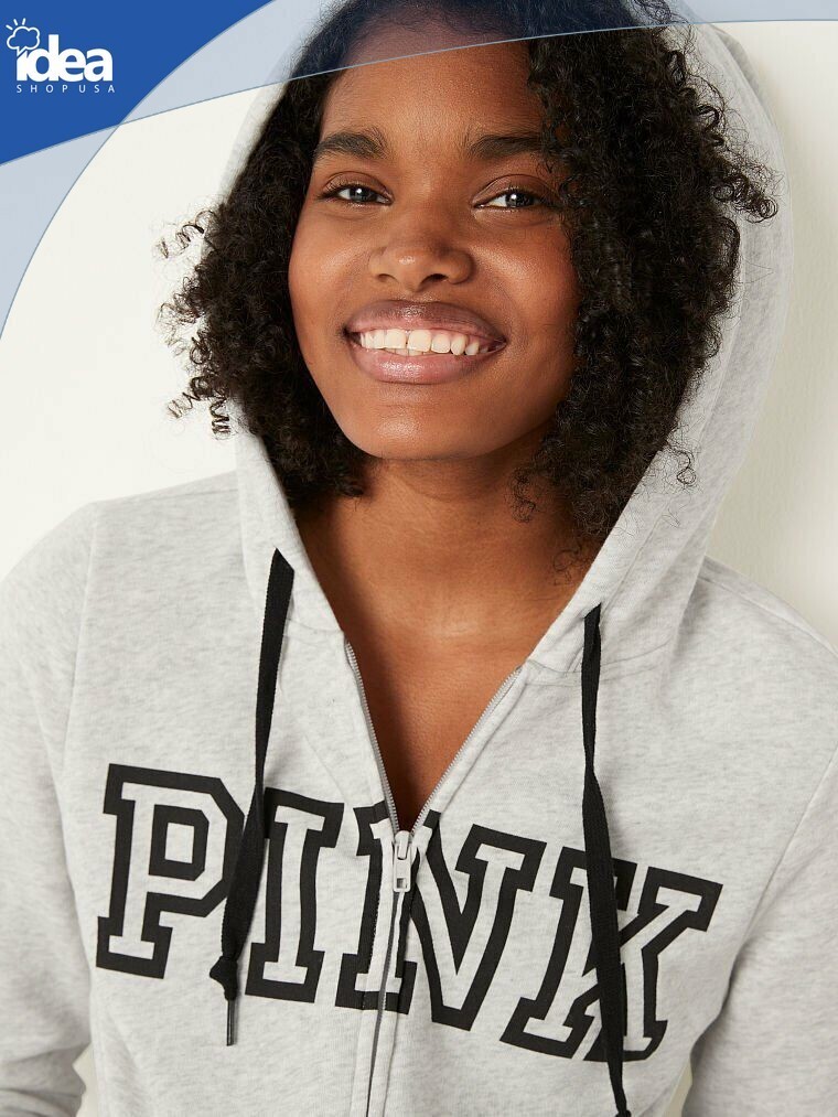 Victoria's Secret PINK Perfect Zip Light Gray Black Logo Hoodie LARGE