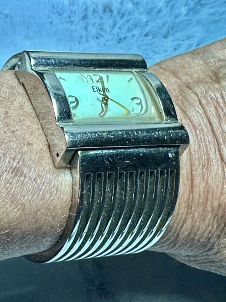 Brazalete/reloj vintage ELKON QUARTZ ancho tono plata para mujer Foto 3 de 4
