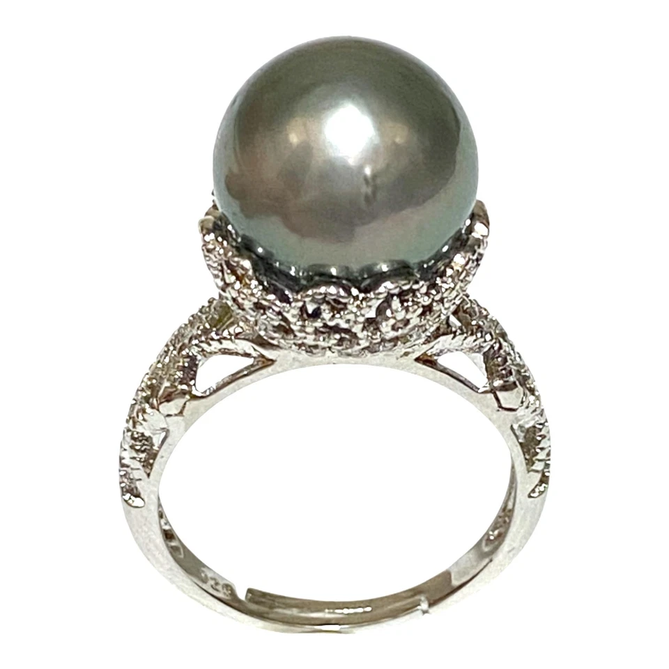 Anillo solitario 12,6 mm redondo de perlas cultivadas del Mar del Sur de Tahití talla 8 Foto 2 de 4