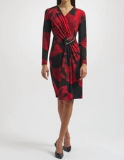 Joseph Ribkoff Abstract Print Faux Wrap Long Sleeves Dress Black/red