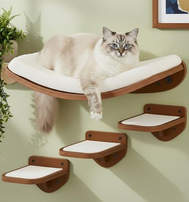 Cat Wall Shelves Set of 4 Walnut Floating Curved Bed Steps Indoor Wall Mounted