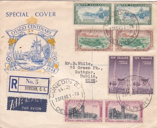NEW ZEALAND - 1948 OTAGO CENTENARY ILLUSTRATED FDC REG. AIRMAIL DUNEDIN TO EIRE