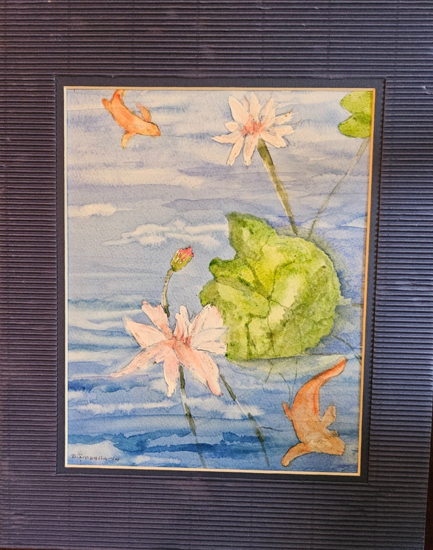 Original Watercolor Signed by the Artist, 11x14, "Koi Pond", Matted, Dark Blue