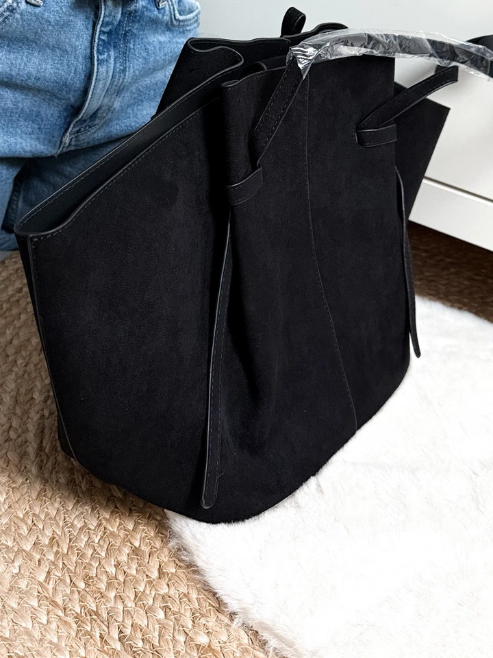 Large Bag Tasche schwarz Shopper handtasche long strap Velours Wildleder Optik - Bild 4 von 4