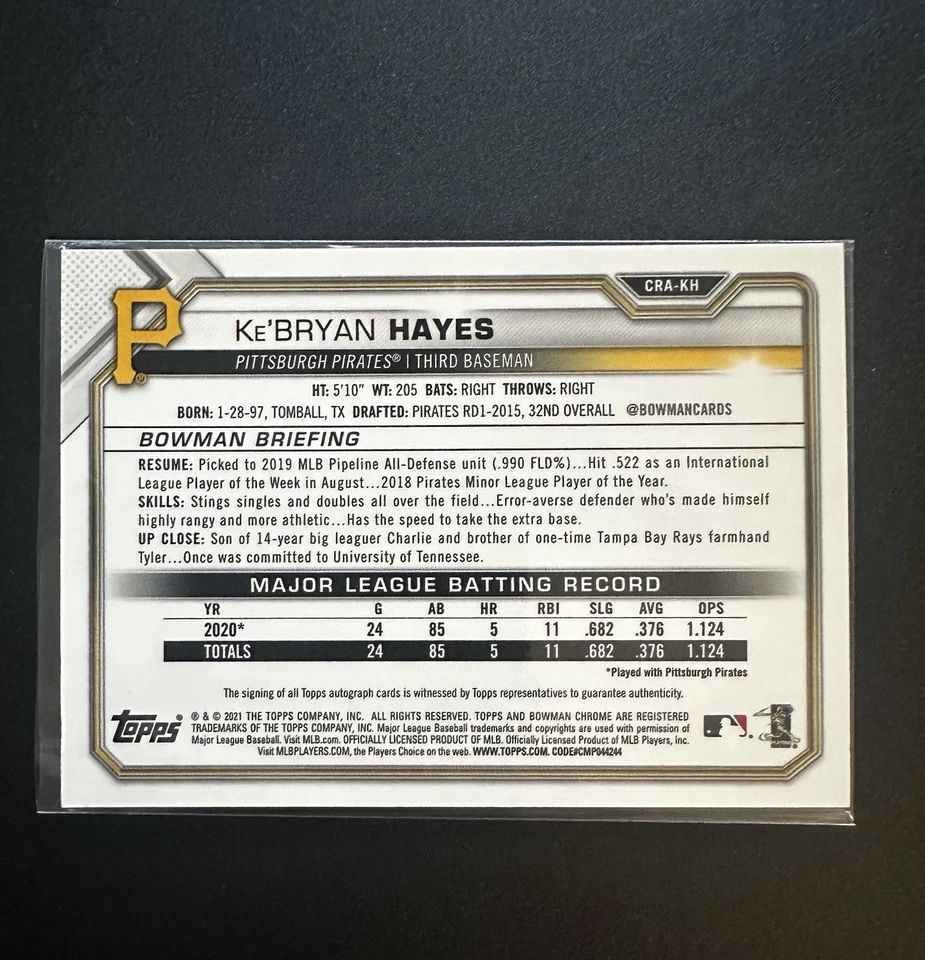 2021 Bowman - Chrome Autographs Ke'Bryan Hayes #CRA-KH Blue Refractor /150  - Image 2 of 2